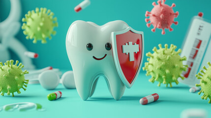 Adorable 3D tooth character with a shield, symbolizing dental protection and oral health. Bright and cheerful design, perfect for promoting dentistry or health awareness.