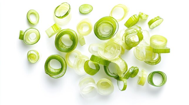 Chopped rings of vibrant green leek arranged on a clean white background showcasing various sizes and shades of green.