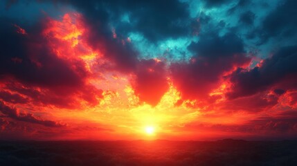 Fototapeta premium Fiery sunset over dramatic cloudscape.