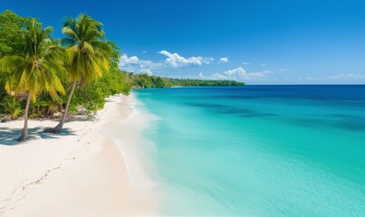 Fototapeta premium Beautiful tropical beach with clear water and palm trees along the shore in the daytime