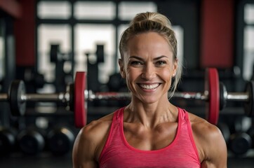 Motivated fitness expert smiling in a bright gym, ideal for inspiring health and wellness concepts.