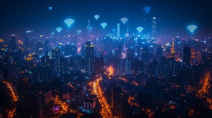 Fototapeta premium Cityscape at night with many wireless network connection wifi symbol icons