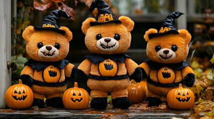 Three Plush Bears In Witch Hats And Pumpkin Costumes Illustration