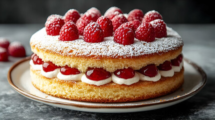 Delicious Cake with Whipped Cream and Raspberries -  Food Photography