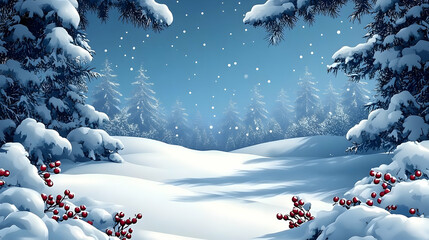 Snowy Forest Illustration with Red Berries
