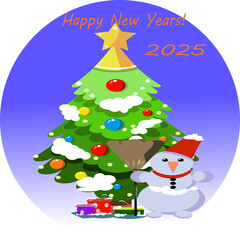 new year 2025 tree and snowman