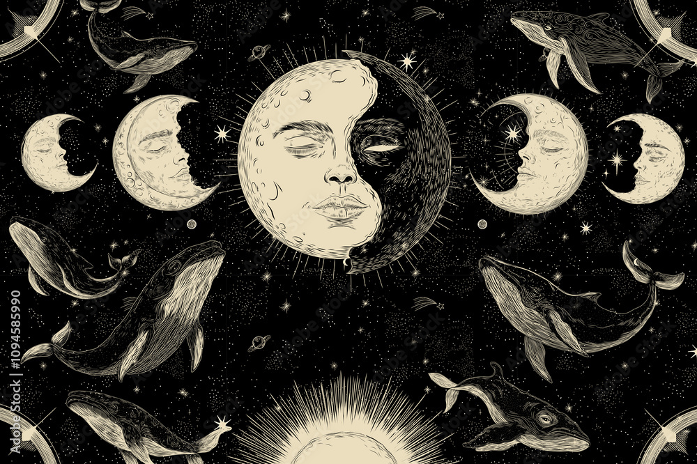 Wall mural vector illustration set of moon phases. different stages of moonlight activity in vintage engraving 