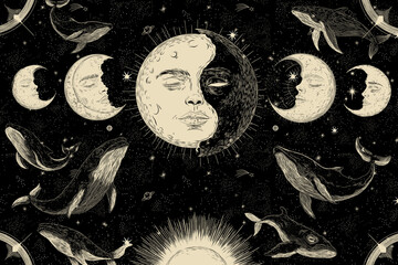 Vector illustration set of moon phases. Different stages of moonlight activity in vintage engraving...