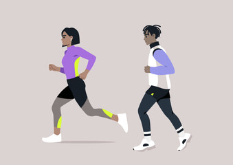 A cheerful couple jogs side by side in an outdoor setting, reveling in the fresh air and warm sunshine, Their determination inspires a sense of camaraderie and shared goals