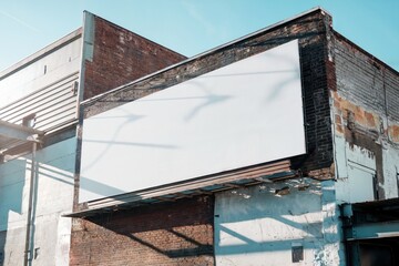Large white billboard on urban brick wall under blue sky with soft shadows, contrasting weathered texture and clean modern design.