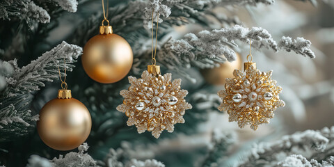 Elegant golden colored Christmas decorations on Christmas tree branch.