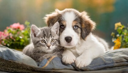 Adorable puppy and kitten snuggling together in a warm, loving embrace, showcasing a heartwarming moment of affection and companionship between two furry best friends. wiÄ™cej treÅ›ci
