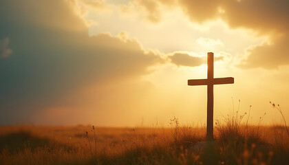 Wooden Easter cross silhouetted against golden sunset in grassy field for spiritual reflection concept, copy space