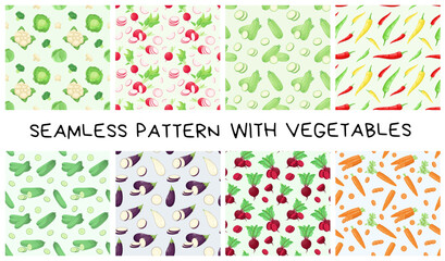 A set of seamless patterns with ripe vegetables. Vector.
