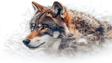 Fototapeta premium A gray and reddish wolf's head and shoulders, looking to its side, against a snowy background.