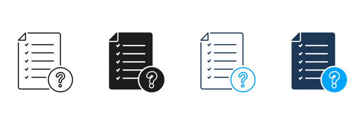 Paper Document With Question Mark Line and Silhouette Icon Set. FAQ Page Pictogram. Checklist On File Symbol. Ask And Answer Sign. Editable Stroke. Isolated Vector Illustration
