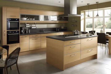 Modern kitchen with wooden cabinets and a sleek countertop, designed for cooking and dining.