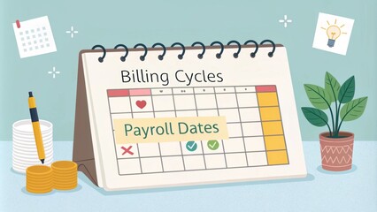 A calendar marked with important financial events like billing cycles and payroll dates relevant to cash flow planning.