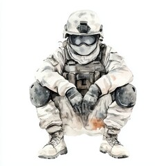 Fototapeta premium Soldier in Camouflage Tactical Gear Watercolor Painting Military Combat Army 