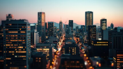 Fototapeta premium Cityscape at Dusk Urban Skyline Illuminated Buildings Night Lights Twilight City
