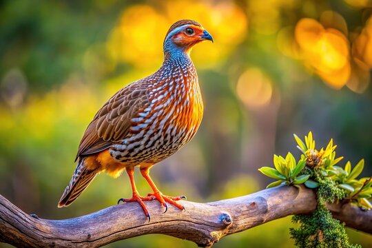 A francolin graces a branch, bathed in sunlight.  Rural beauty abounds.