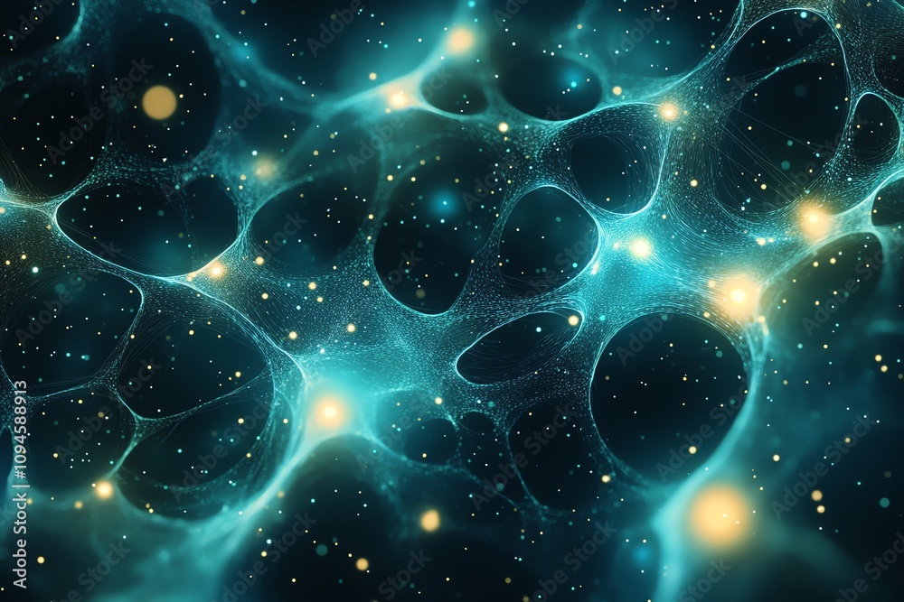 Poster Abstract representation of interconnected cells with glowing elements in a dark background.