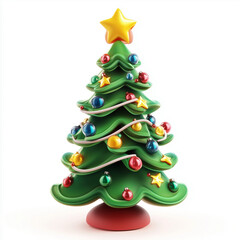 Christmas tree on a white background with colorful ornaments and a star on top, 3D style