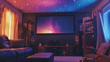 High-tech home theater setup with a 4K screen, a star-filled night sky, minimalist sound system, and cozy decor.