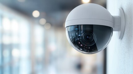Modern CCTV Dome Security Camera on Wall  Office Building Surveillance