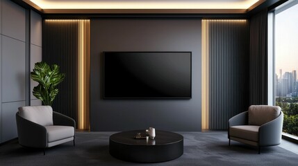 Modern luxury apartment living room with large TV screen, comfortable armchairs, and city view.