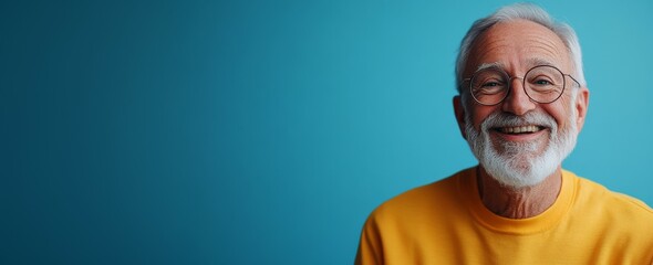 Obraz premium Smiling Senior Man with a Bright Expression on blue Background. 