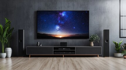 Home theater setup with a vibrant night sky on the TV, minimalist gray walls, and a sound system integrated into the decor.