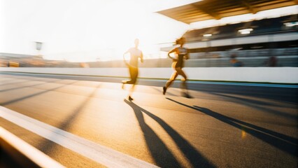 Competition Energy Blur: Motion blur of athletes on a sunny racetrack.
