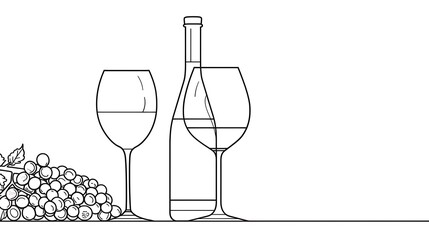 A minimalist illustration featuring wine glasses, a bottle, and grapes, symbolizing relaxation and indulgence.