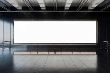 Large blank white billboard illuminated in modern interior with soft glow on dark walls, polished floor reflections, and industrial minimalist design