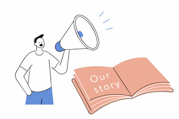 Storytelling communicate brand story or idea to listener, narrative message, content or article writing or advertising creativity concept, young man on opening book telling story on megaphone

