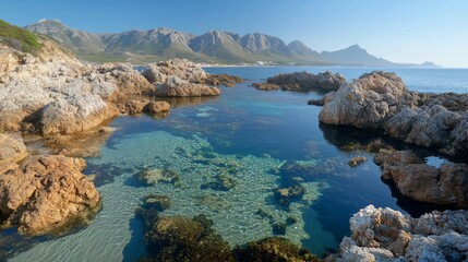 Coastal Tidal Pool with Clear Blue Water and Rocky Shores