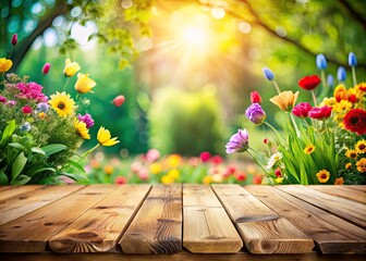 Blurred Spring Garden Background on Wooden Table for Fashion Photography, Product Display, Versatile Design, Nature-Inspired Aesthetic, Ideal for Marketing and Visual Merchandising