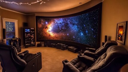Ultra-modern home theater setup with a curved screen displaying a starry night and black leather recliners for comfort.