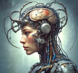 Fototapeta premium Technology illustration of cyborg with brain connections.