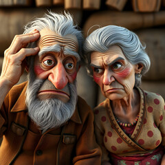 CGI farming couple. A very angry wife looking at a very confused husband. 