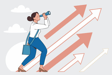 Searching for Growth Opportunity, Vision to Look and See Future, Challenge Ahead or Motivation to Grow Business Concept, Businesswoman on Arrows Look Through Binoculars to Find Business Opportunity
