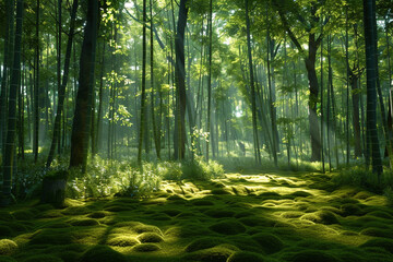 Obraz premium A tranquil bamboo forest with sunlight filtering through the dense foliage onto a mossy forest floor.
