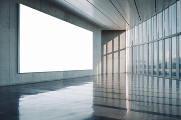 Large blank white digital screen on sleek concrete wall in spacious modern room with natural light and polished floor creating a minimalist, industrial atmosphere