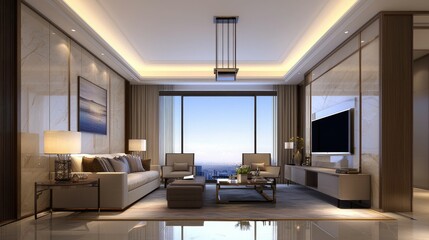 Modern luxury living room with city view, featuring beige sofa, armchairs, coffee table, TV, and large window.