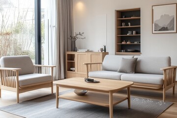 Fototapeta premium A modern living room featuring minimalist furniture and natural light.