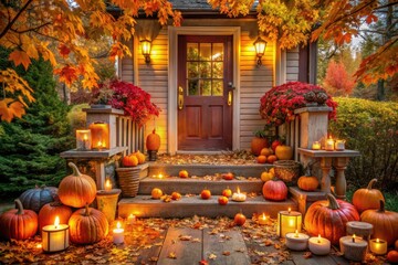Obraz premium Cozy Autumn Porch with Halloween Pumpkins, Candles, and Falling Leaves for Seasonal Festivities
