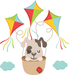 Cute dog flying inside basket with kites