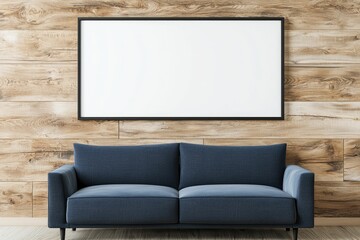 Modern blue sofa and large blank frame on wood wall.