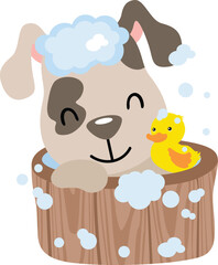 Happy dog taking a bath in wooden tub